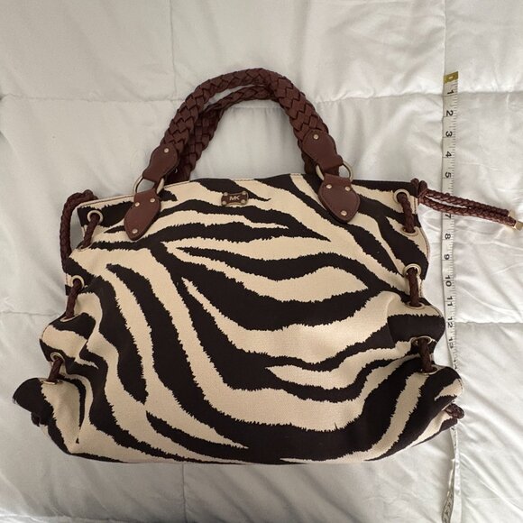 Michael Kors Cream Brown Zebra Canvas Purse Brown Leather Braided Handle New - Picture 5 of 10